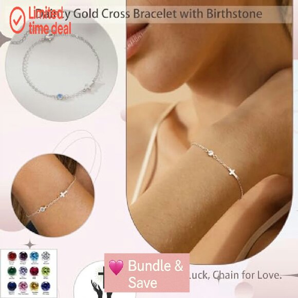 Dainty Gold Cross Bracelet with Birthstone, 6.5" + 2" Extender - Picture 3 of 8